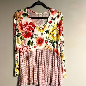 Oddy Womens Striped & Floral Soft Rayon Babydoll Blouse Top Size Medium USA